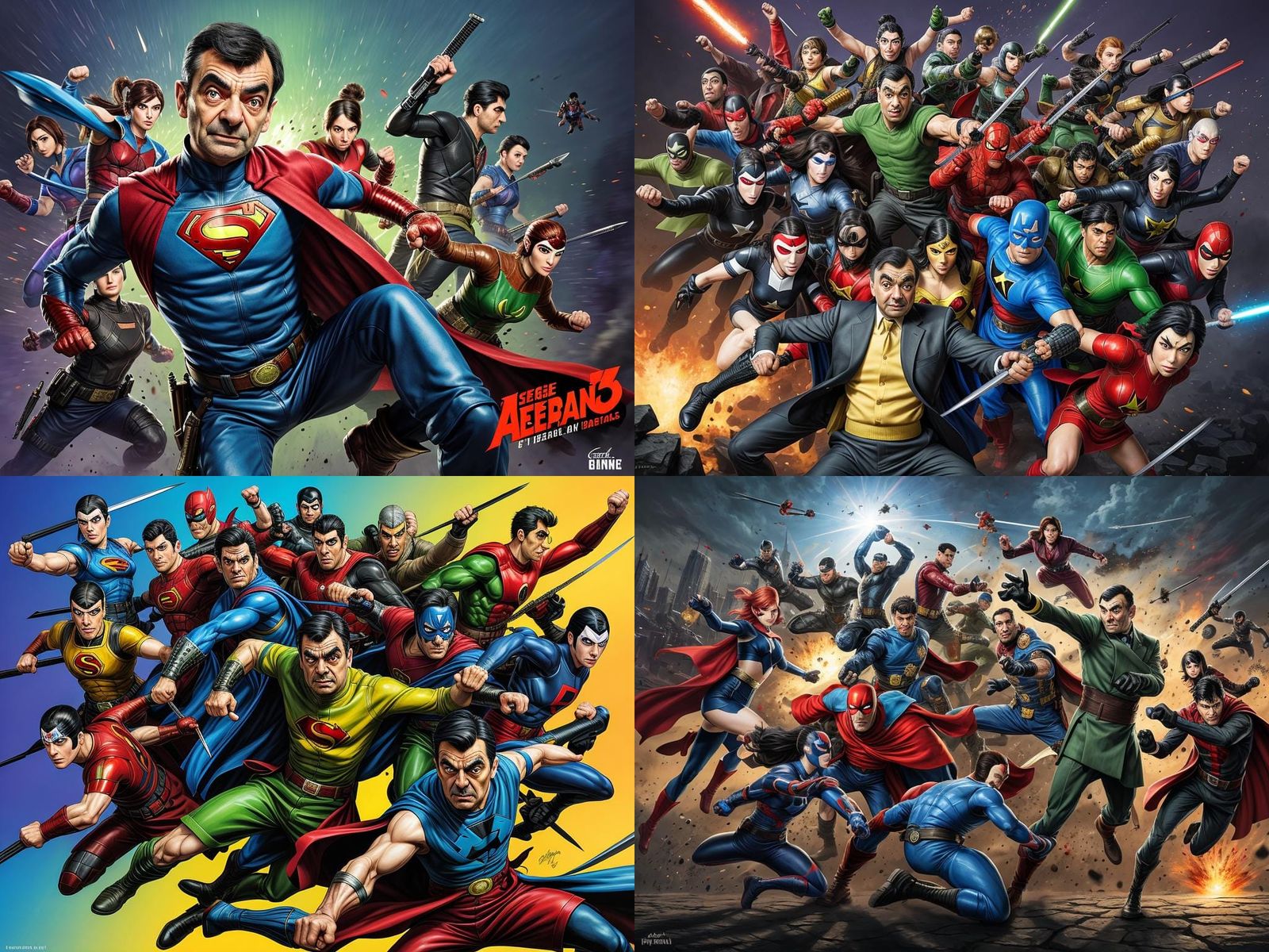 Mr. Bean as Hyperrealistic Superhero Fighting Bad Guys