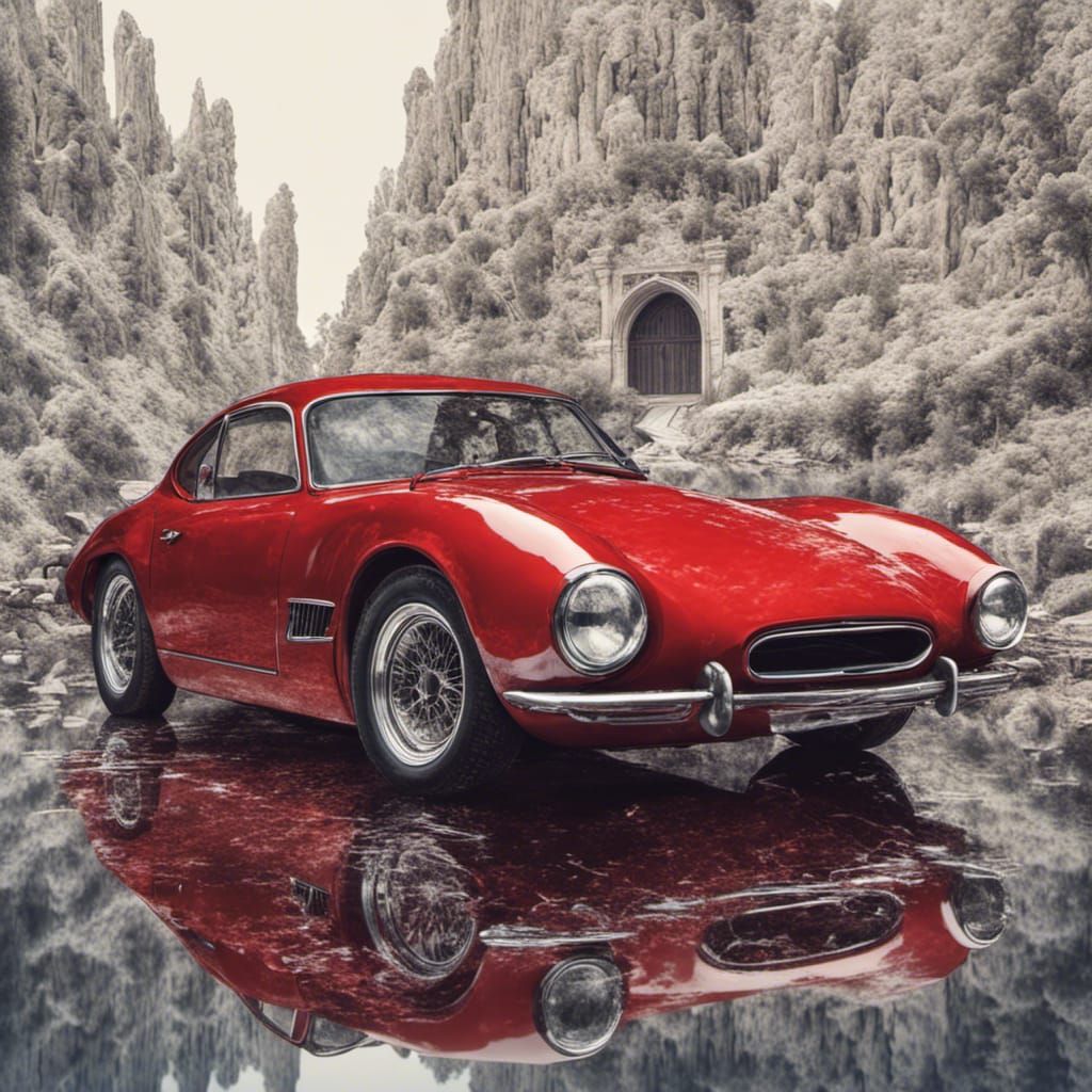 Surreal Red Sports Car on a Magical Trip
