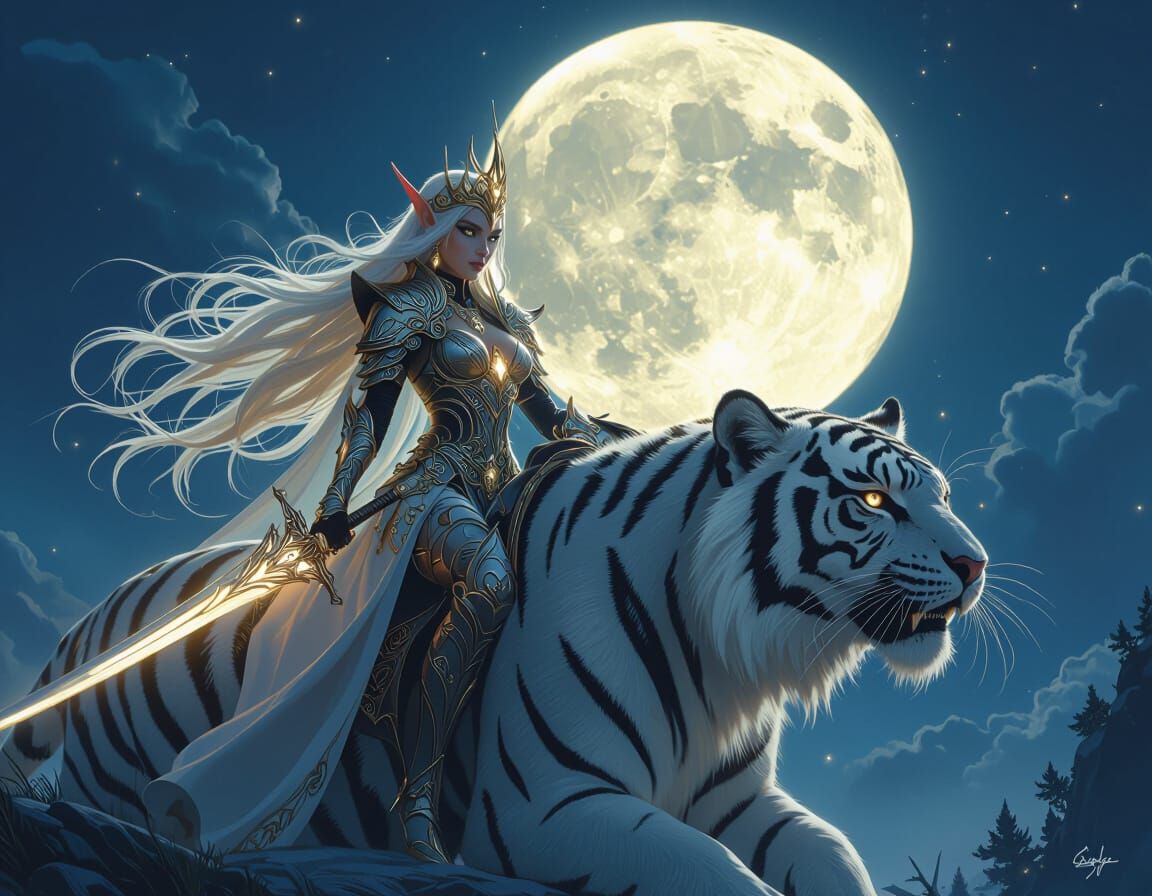 Blood Elf Queen Rides Spectral Tiger Under Moonlight