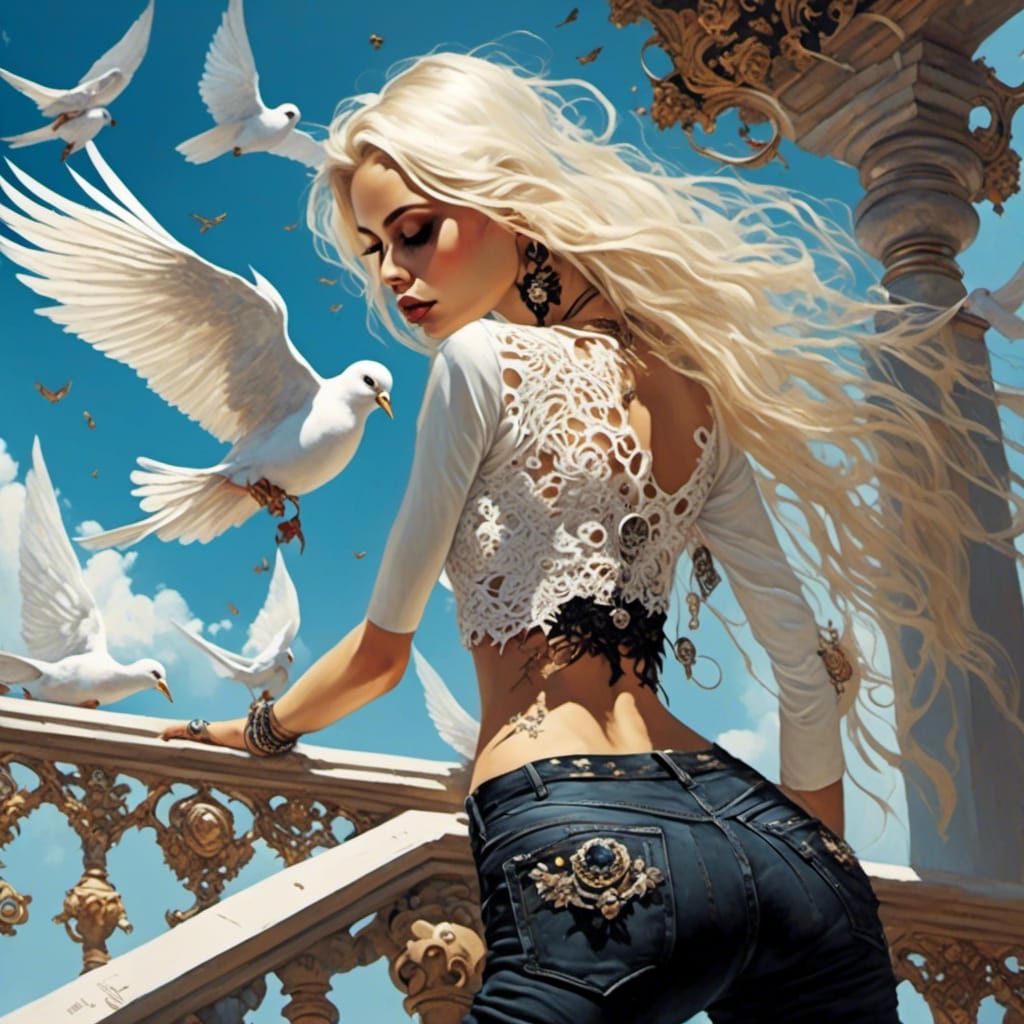 Girl with Doves on Balcony