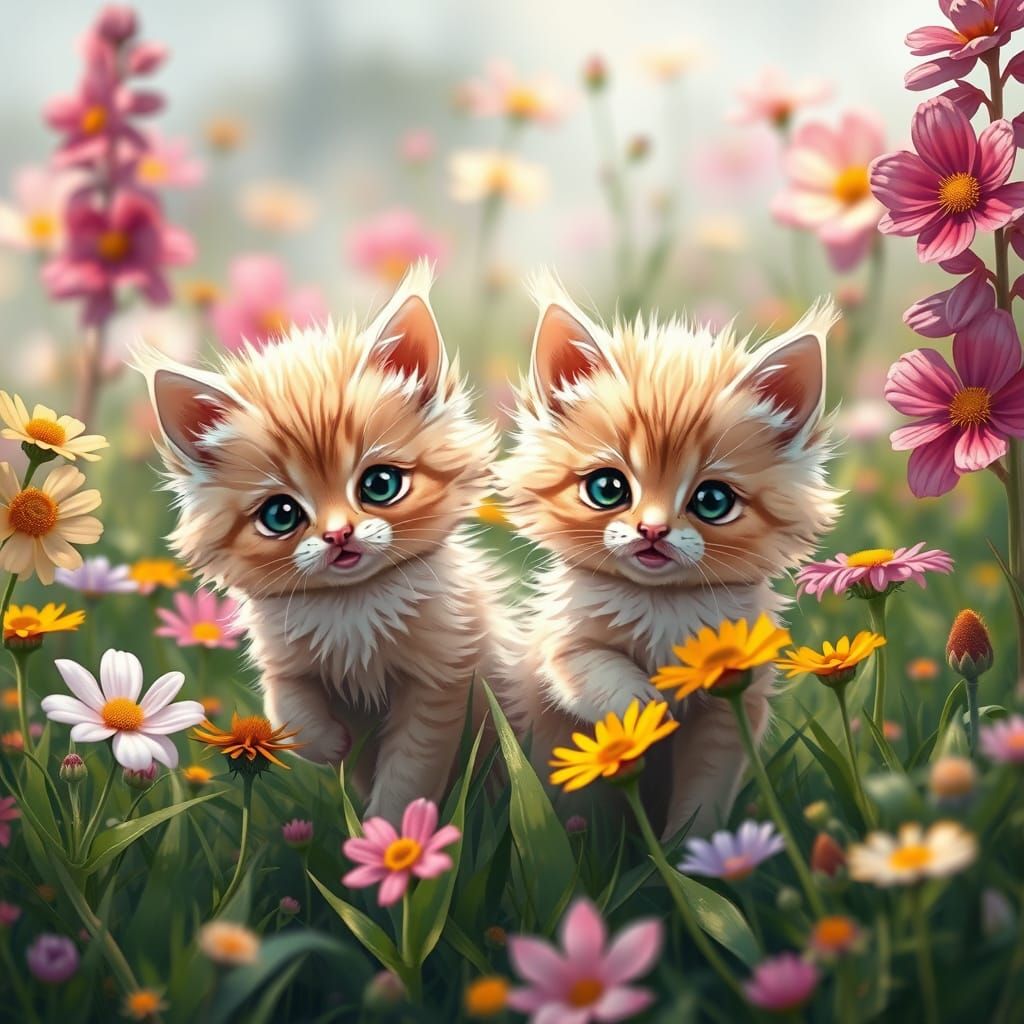 charming illustration of two playful chibi kittens in a vibrant flower field, showcasing their adorable features and col...