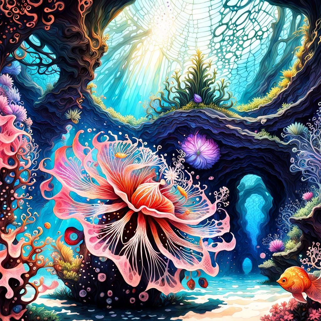 Intricate Fractal Flower Creature in Vivid Watercolour