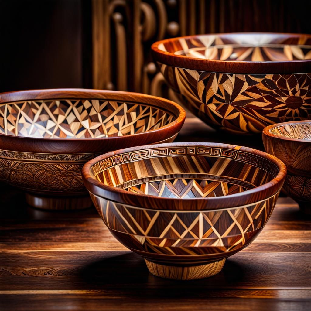 Intricate Marquetry Inlay Wood Bowls: Magazine Style