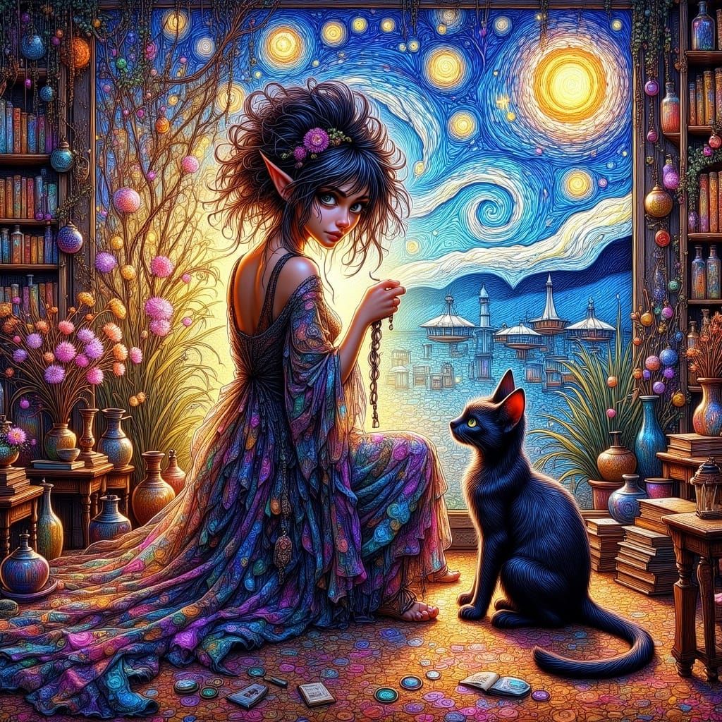 Mosaic Starry Night with Cat Shadow