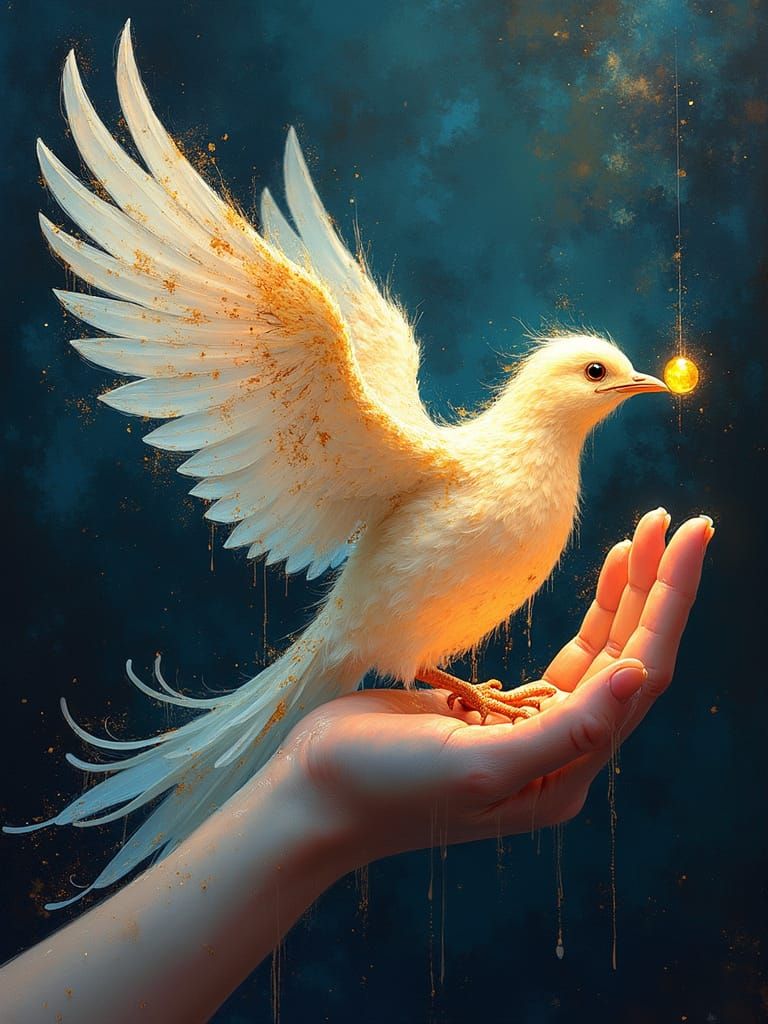 Ethereal Ghost Bird Grasps Glowing Pearl