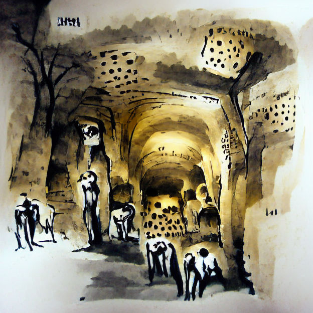 Ink Drawing of the Paris Catacombs