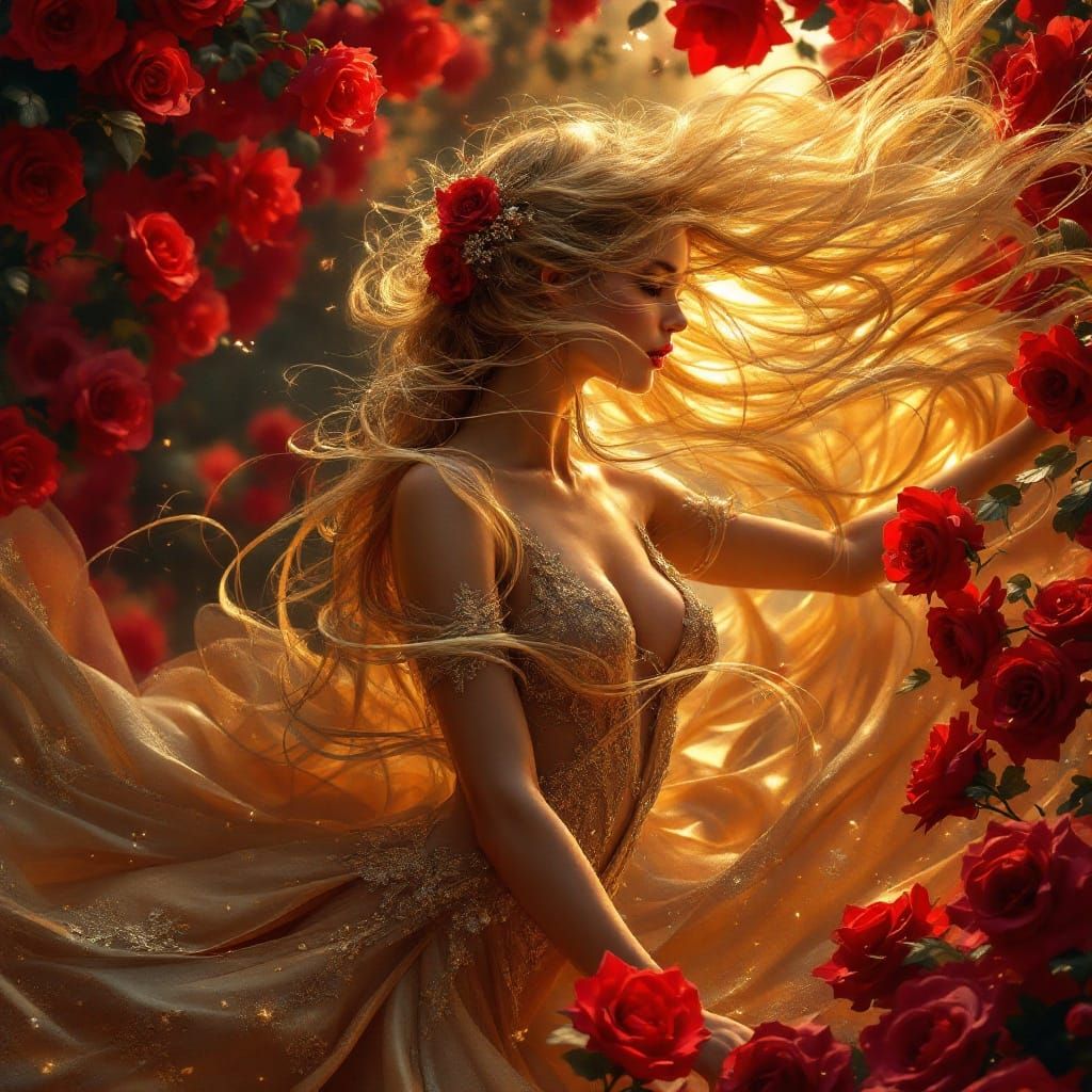 Ethereal Ballroom Dancer Among Red Roses