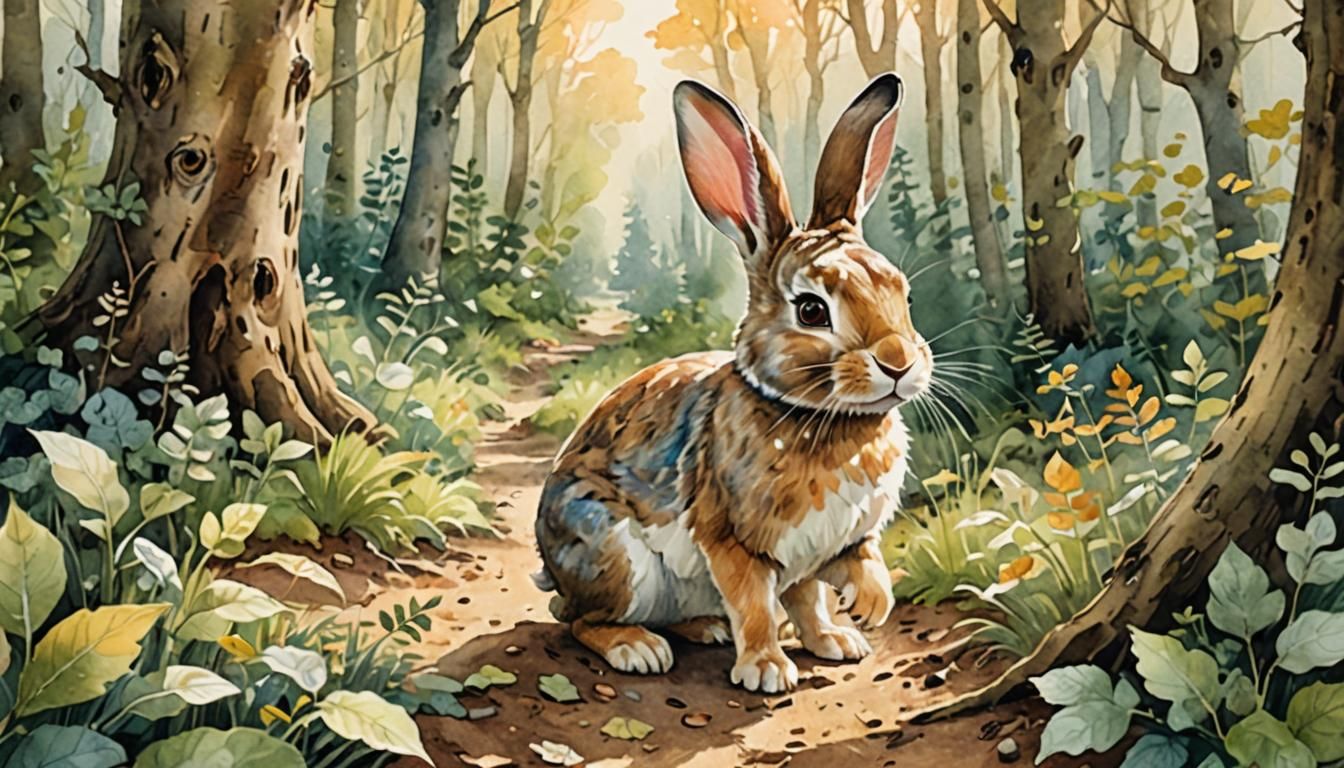 Whimsical Rabbit's Watercolor Forest Adventure