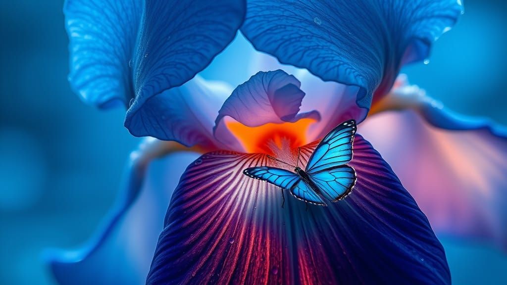 Bioluminescent Iris with Butterfly in Moonlight