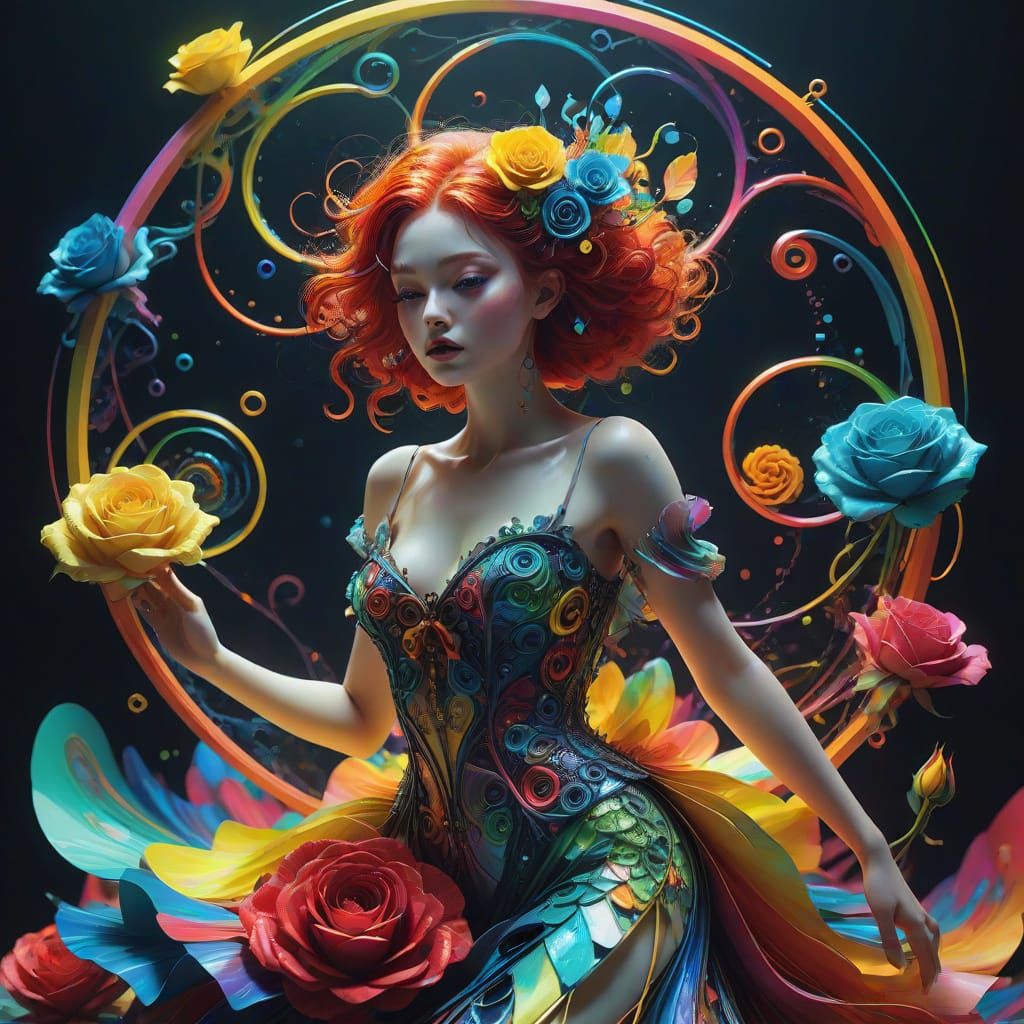 Dreamy Fairy in Dramatic Attire with Rainbow Patterns