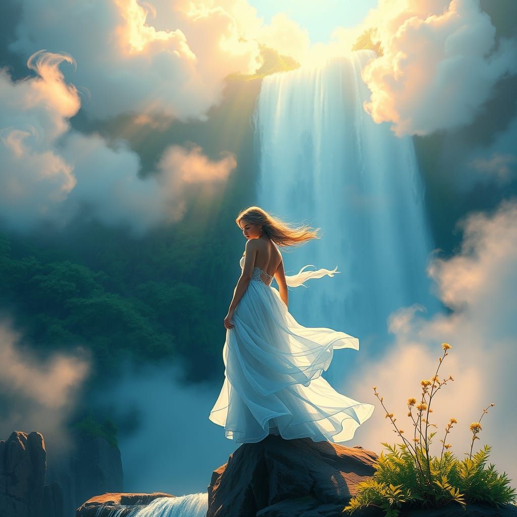 Ethereal Waterfall Scene in Vibrant Colors