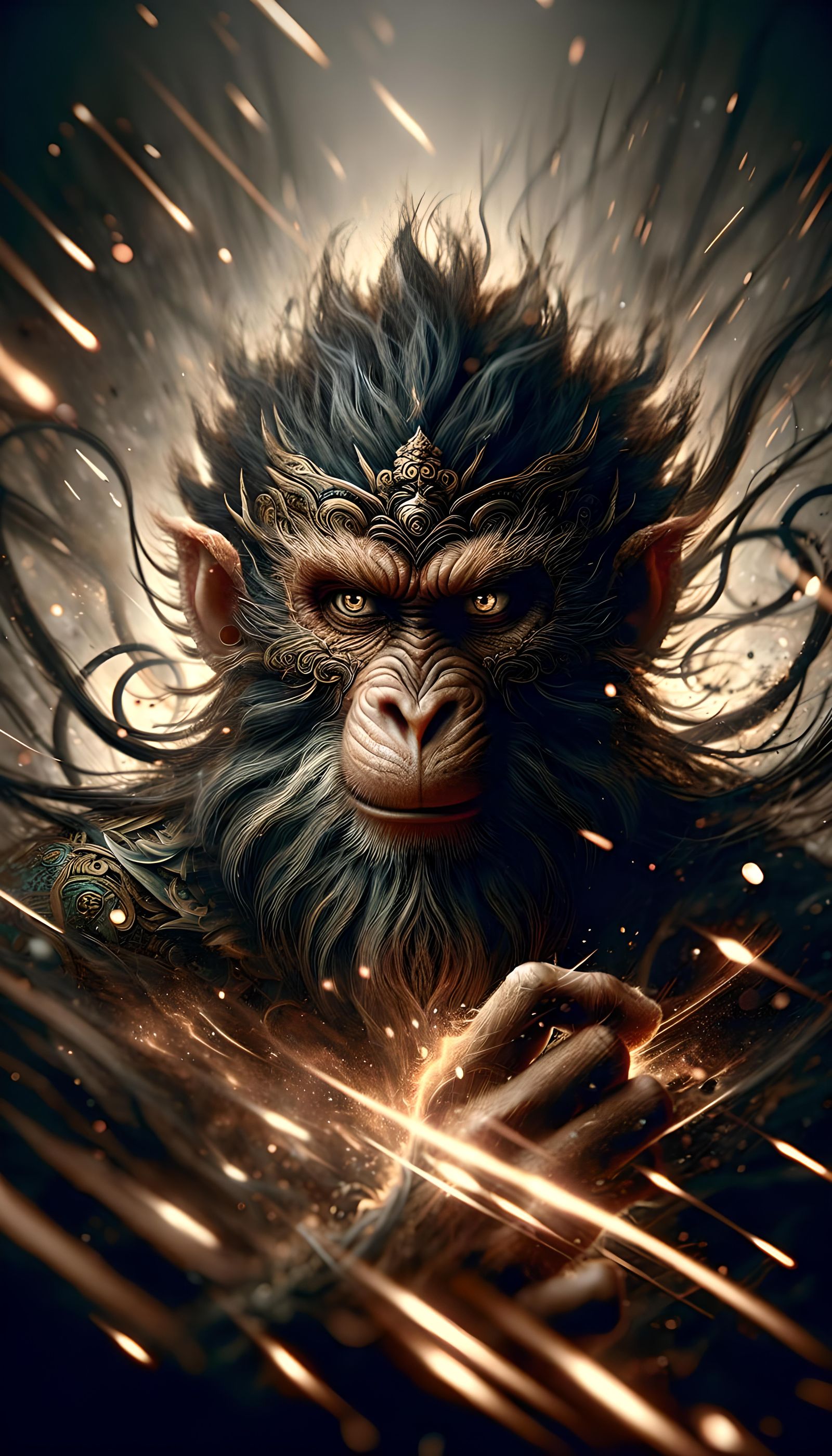 Fierce Monkey Warrior Portrait with Abstract Energy