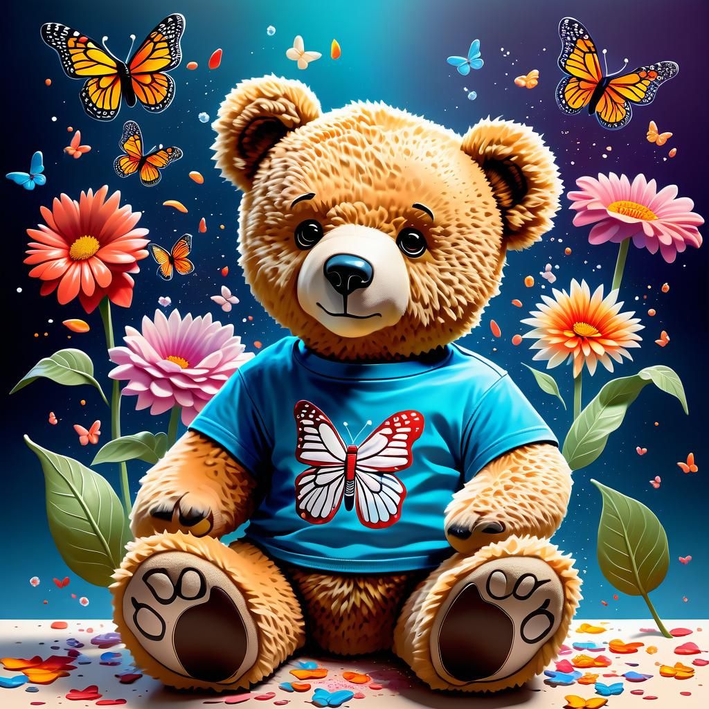 Imperfect Teddy Bear in Colorful Floral Scene