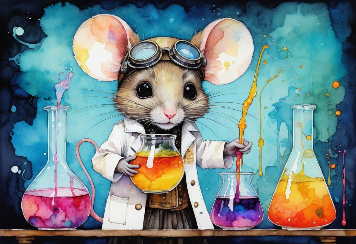 Steampunk Mouse Scientist in Watercolor Style
