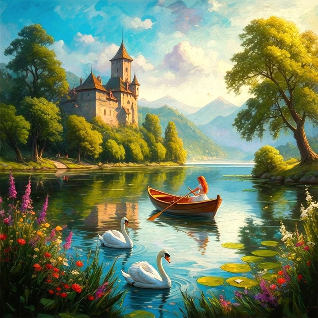 Surreal Impressionist Masterpiece with Swans and Stone Fortr...