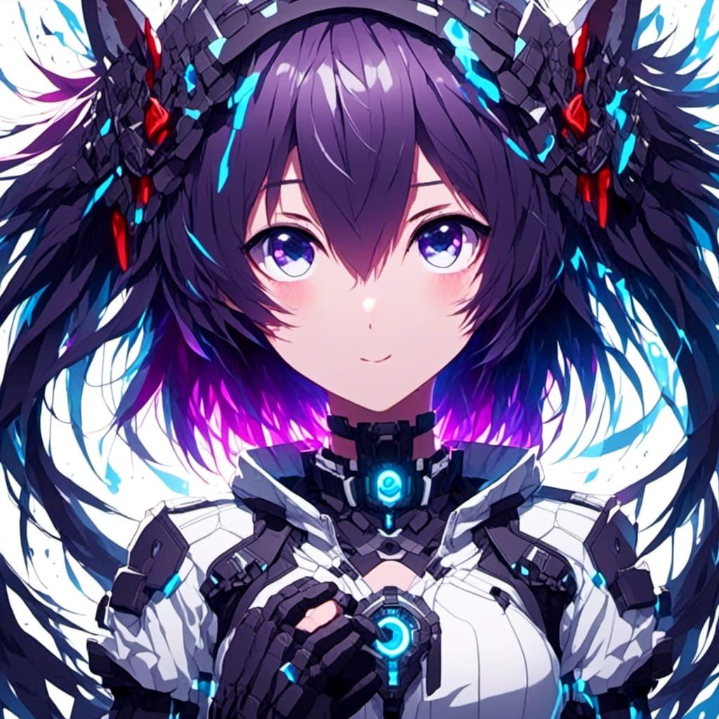 Kawaii Neko Girl with Purple Hair in Anime Style