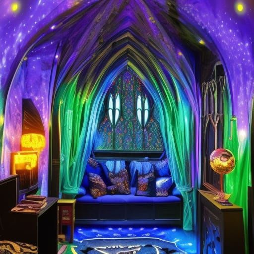 Psychedelic Black light Harry Potter themed penthouse with Cobalt blue walls& gothic black windows& cobalt blue gothic f...