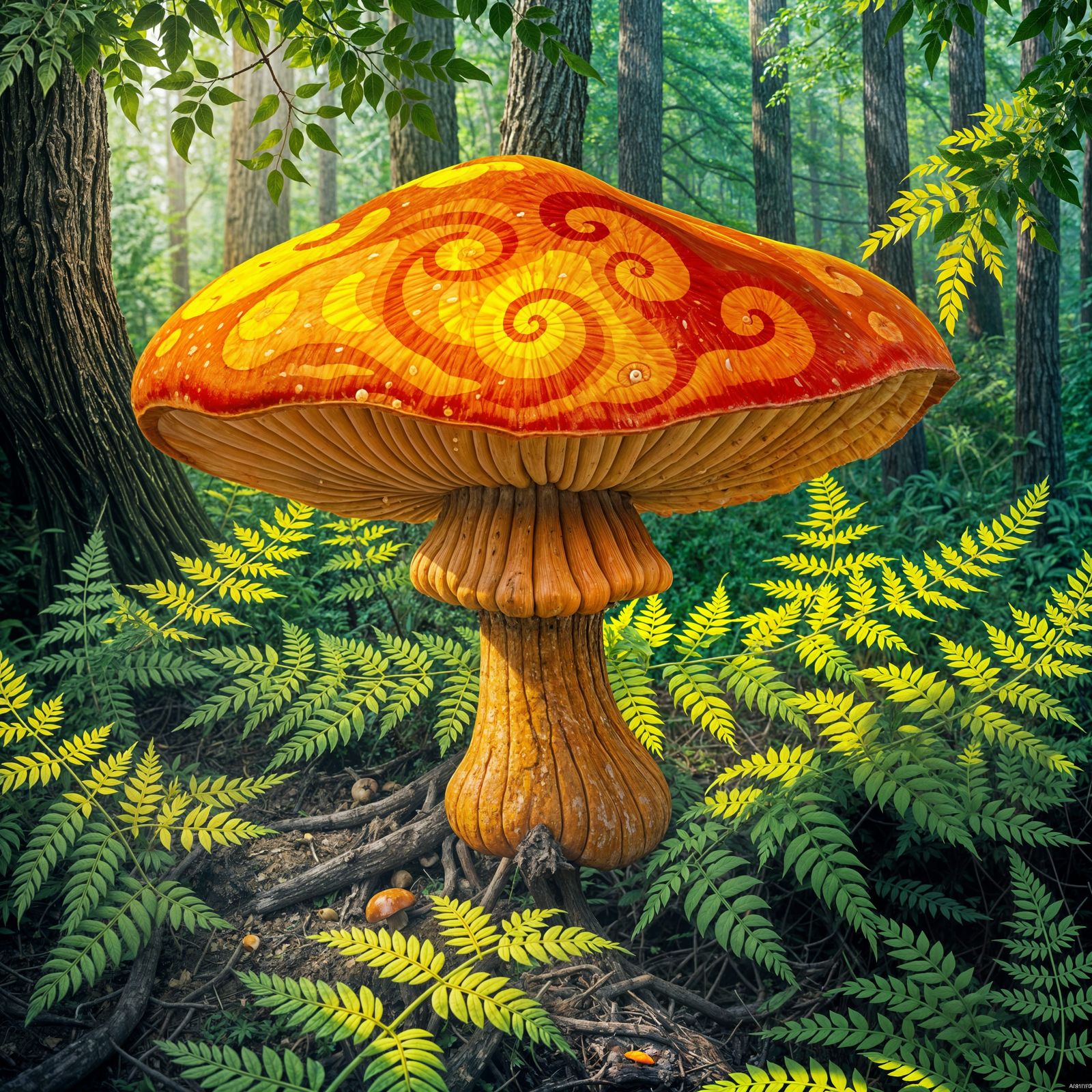 Vibrant Orange Mushroom in a Lush Green Forest