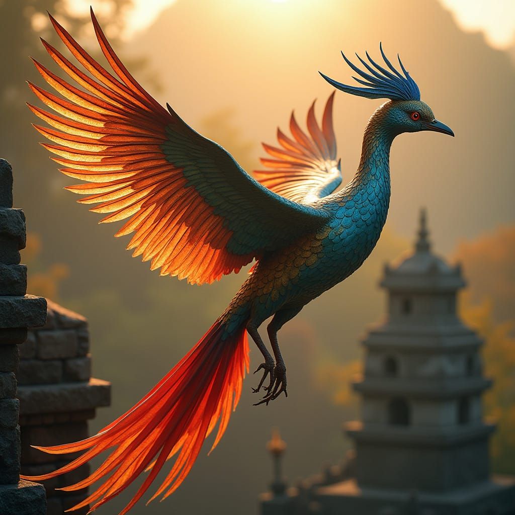 Majestic Lac Bird Soars Over Ancient Vietnamese Temple