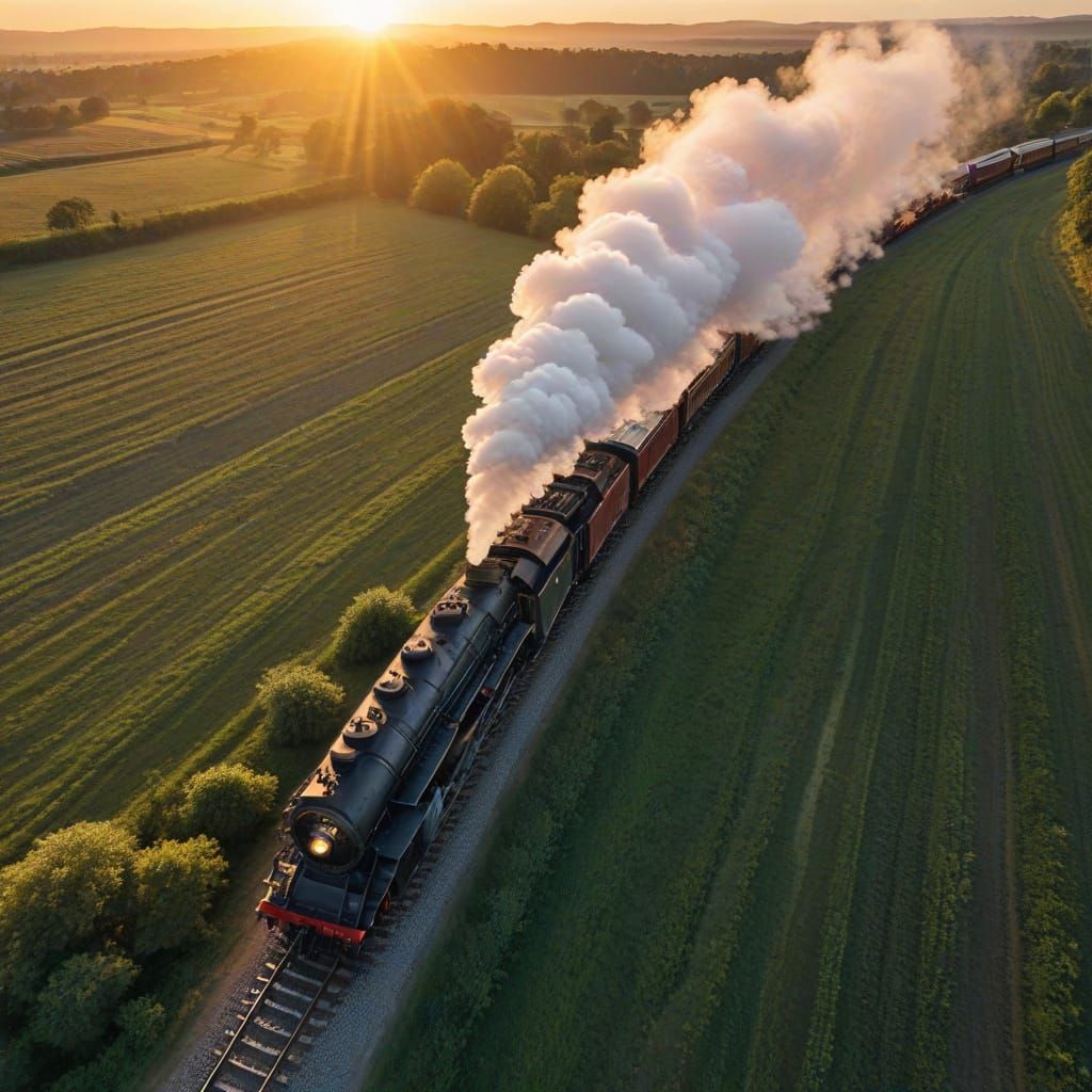 Steam Train Chugs Through Countryside at Sunset