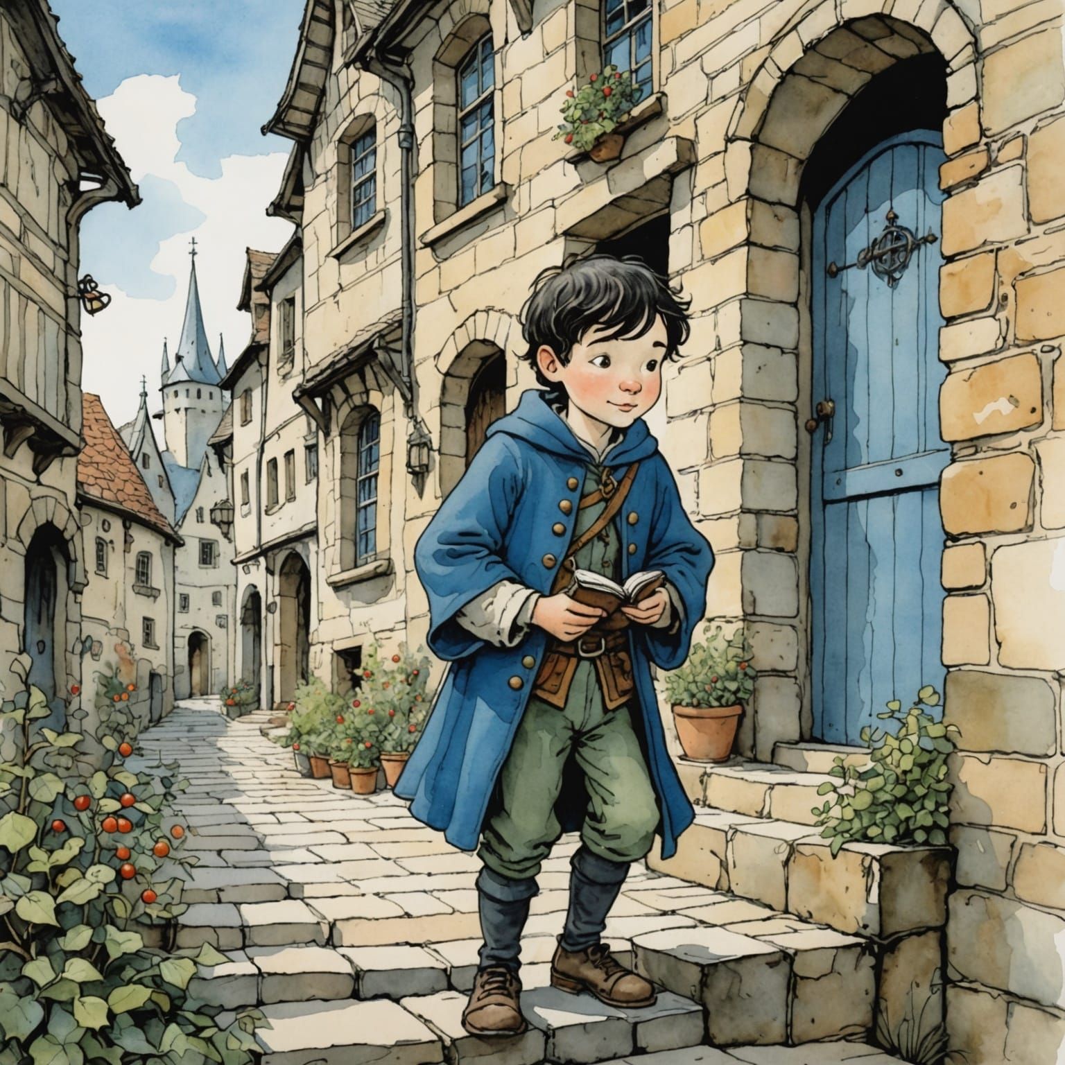 Medieval Boy in Blue: Storybook Watercolor Illustration