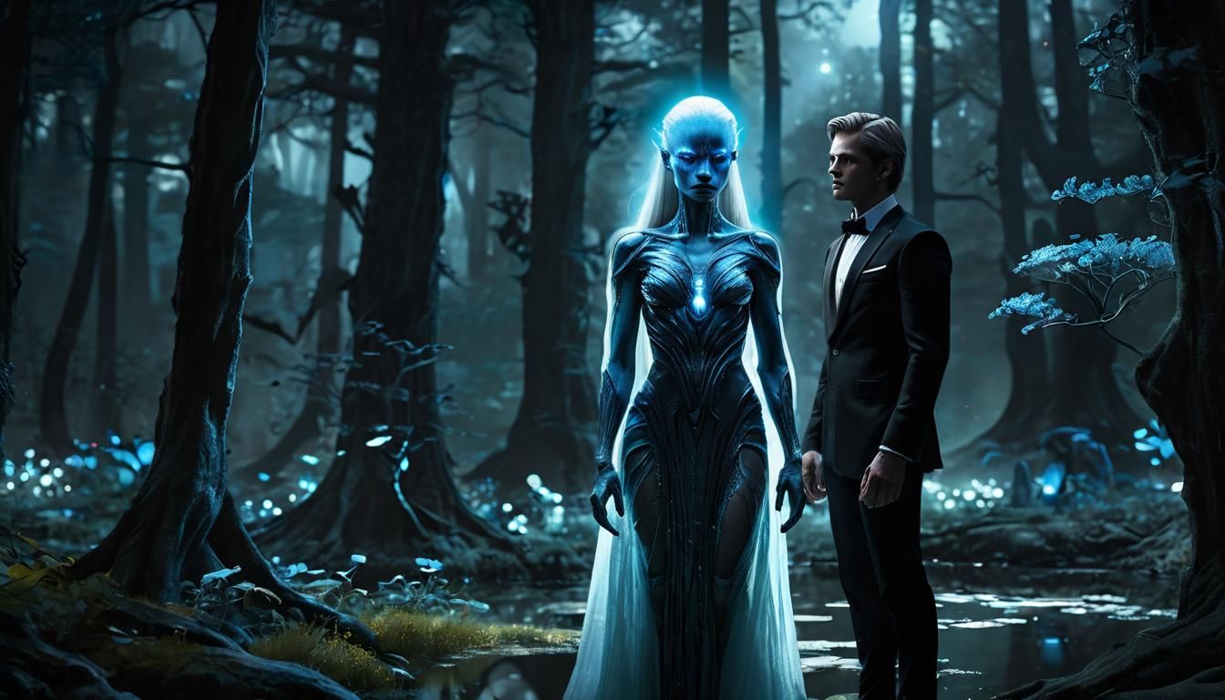 Alien Woman in Bioluminescent Forest: Concept Art