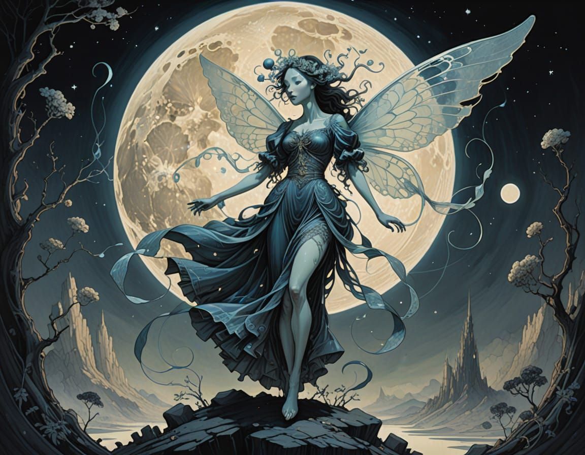 Ethereal Fairy Dances on the Moon in a Dreamy, Illustrative...