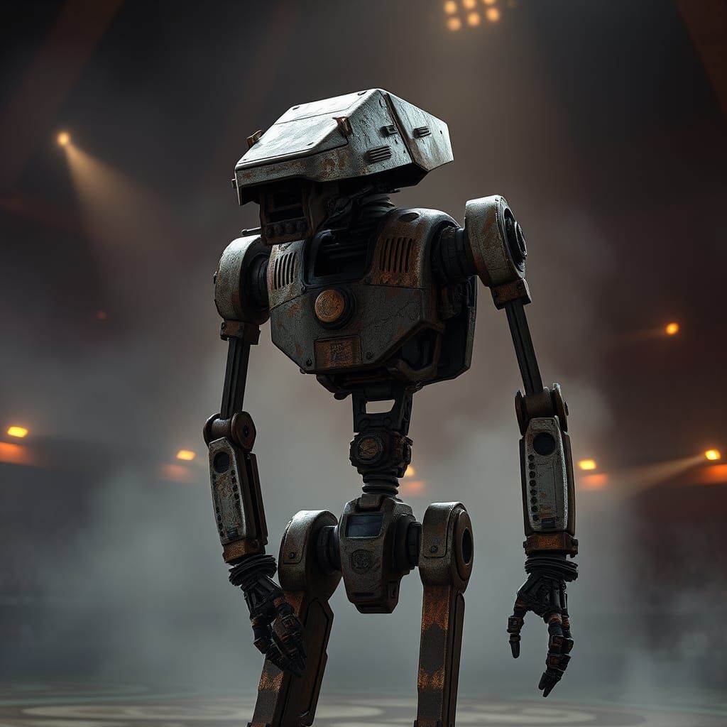 Battle-Damaged Droid in Smoky Arena, Industrial Concept Art