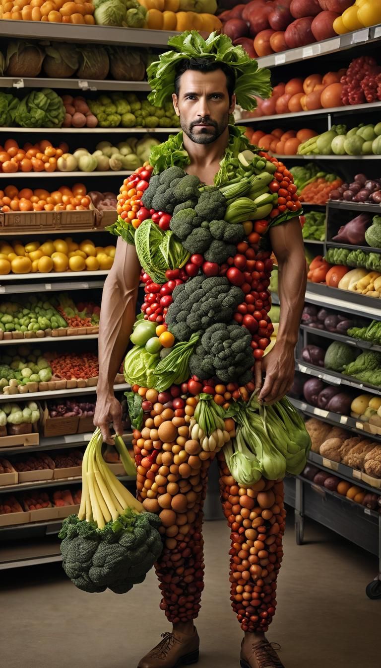 a man wearing clothes made out of food, standing in a produc...