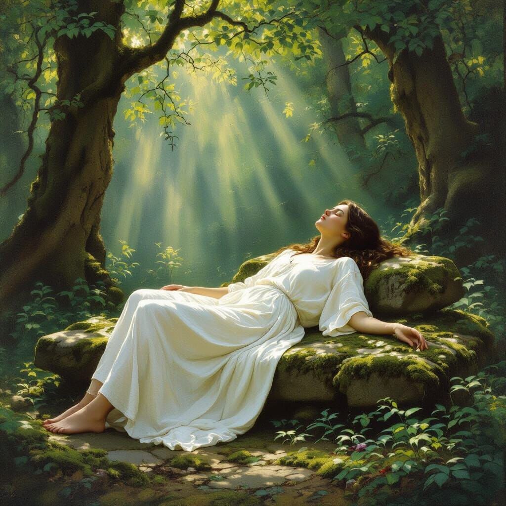 Woman Resting on Ancient Altar in Sunlit Forest