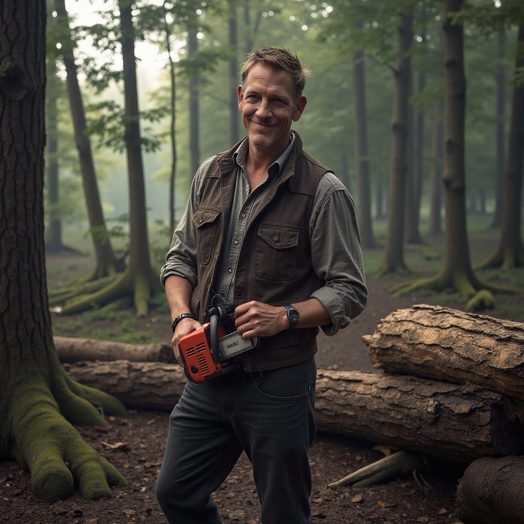Exhausted Woodsman with Chainsaw in Forest, Matte Painting