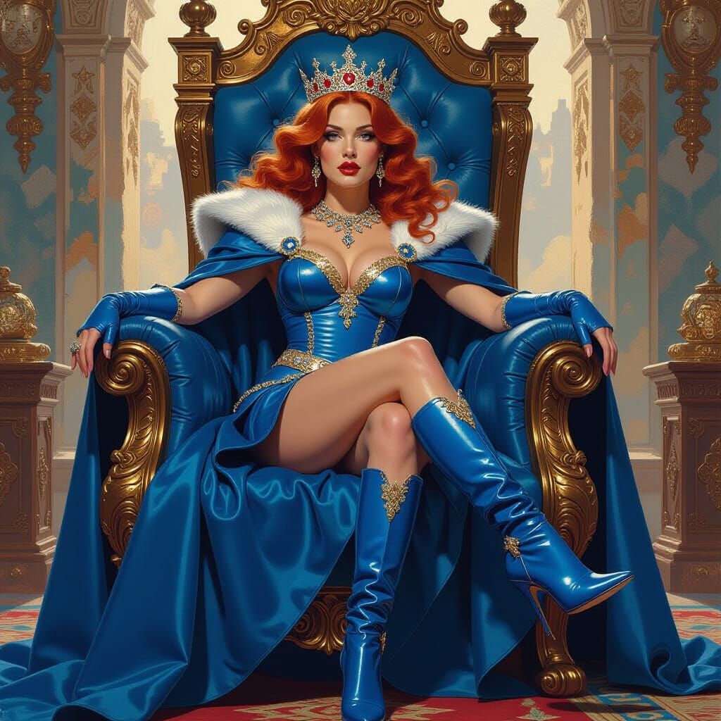 Red-Headed Queen on Throne, Oil Painting Style