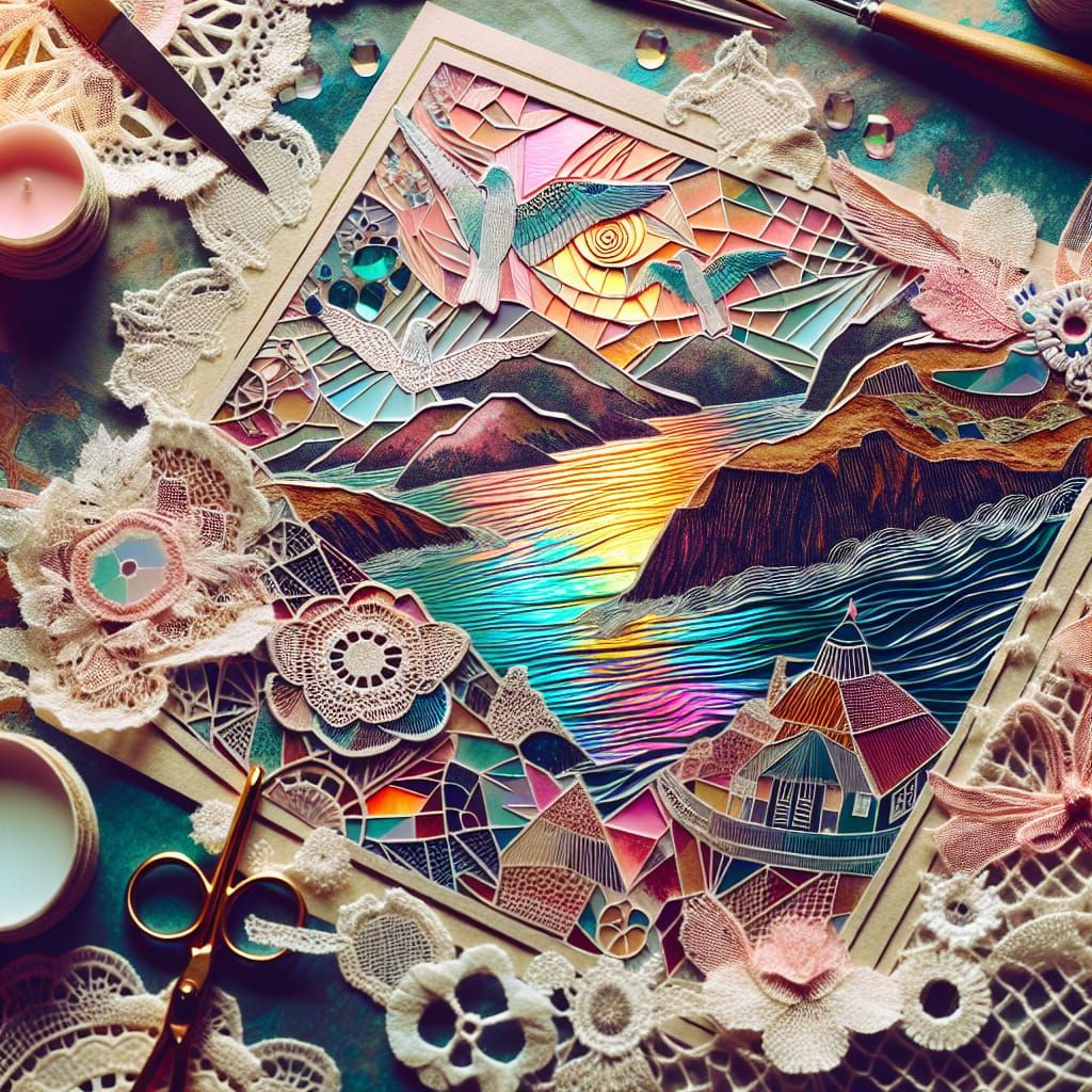 Scenic Peninsula Collage in Woodcut and Linocut Style