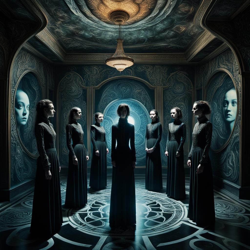 Surrealist Masterpiece: Seven Enigmatic Women in Eerie, Baro...