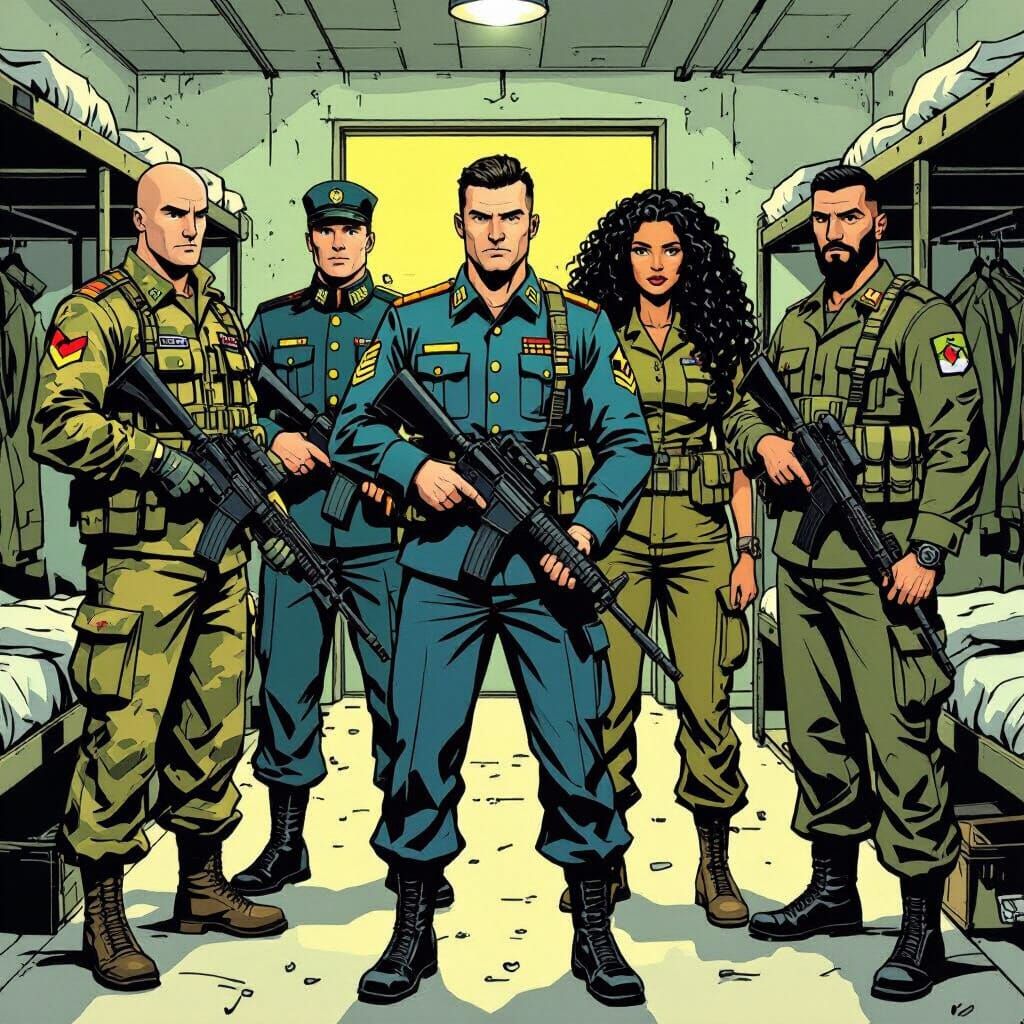 Diverse Soldiers in Barracks: Military Comic Art
