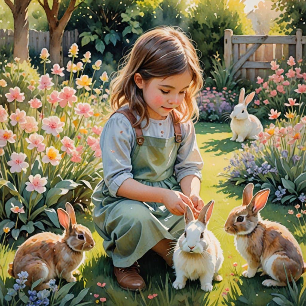 Girl with Bunnies: Watercolor Impressionist Garden Scene