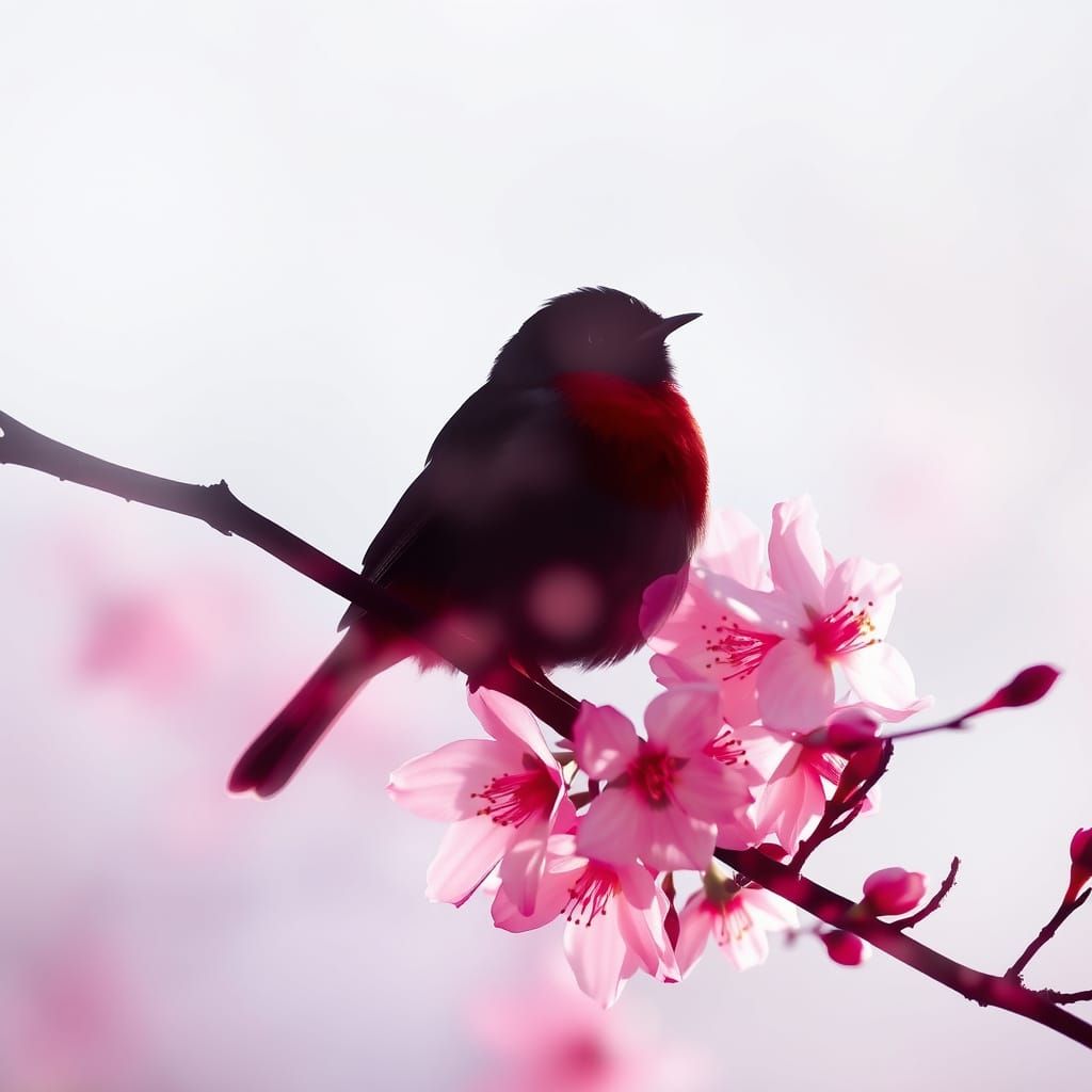 Beautiful Robin Bird Silhouette Amidst Vibrant Sakura Blooms