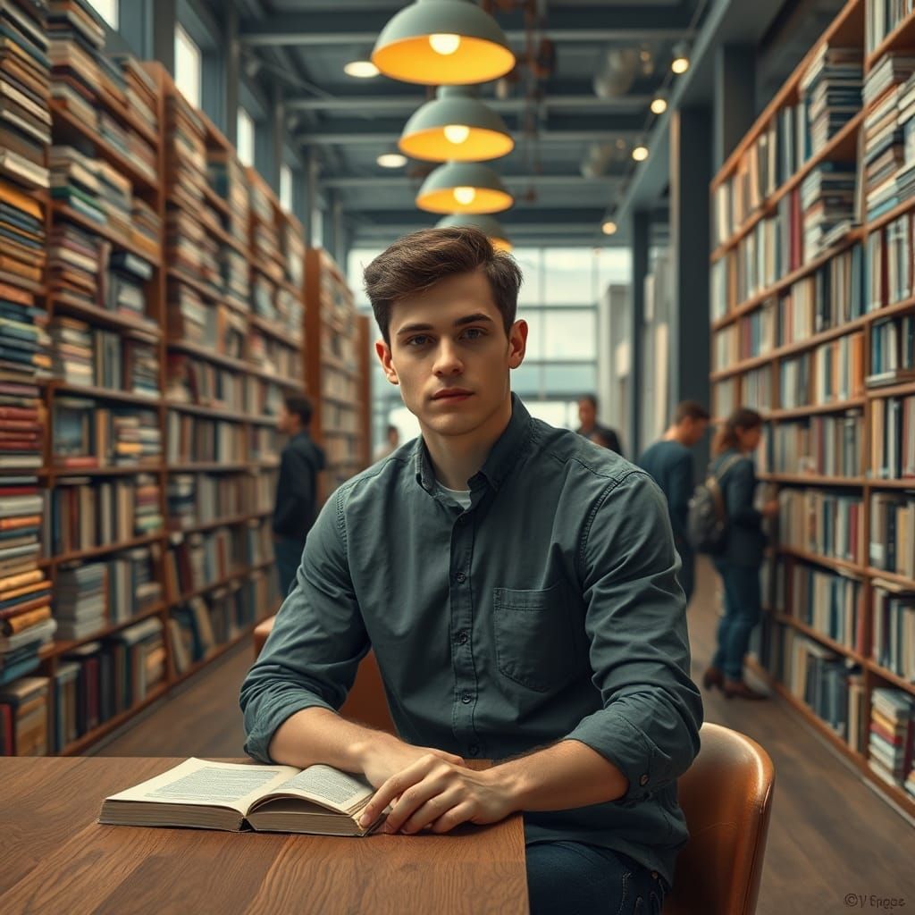 Melancholic Man in Bustling Photorealistic Bookshop