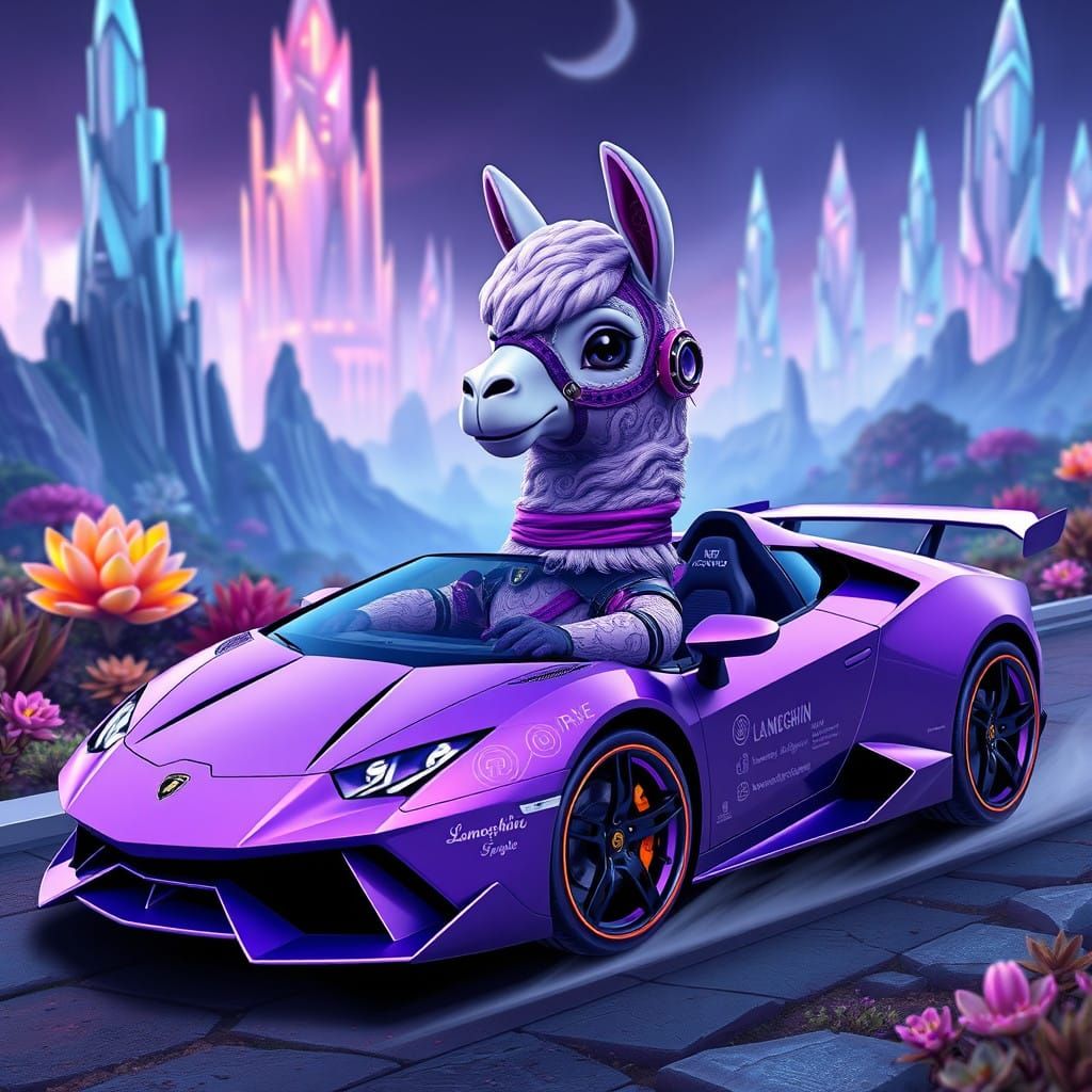 Vibrant Lilac Llama Drives Glossy Purple Lamborghini in Fant...