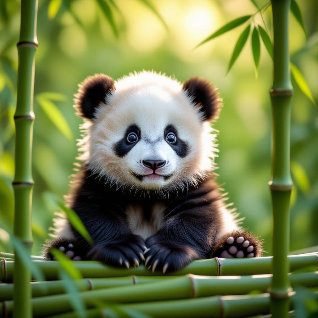 Panda Cub in Bamboo, Alphonso Mucha Inspired