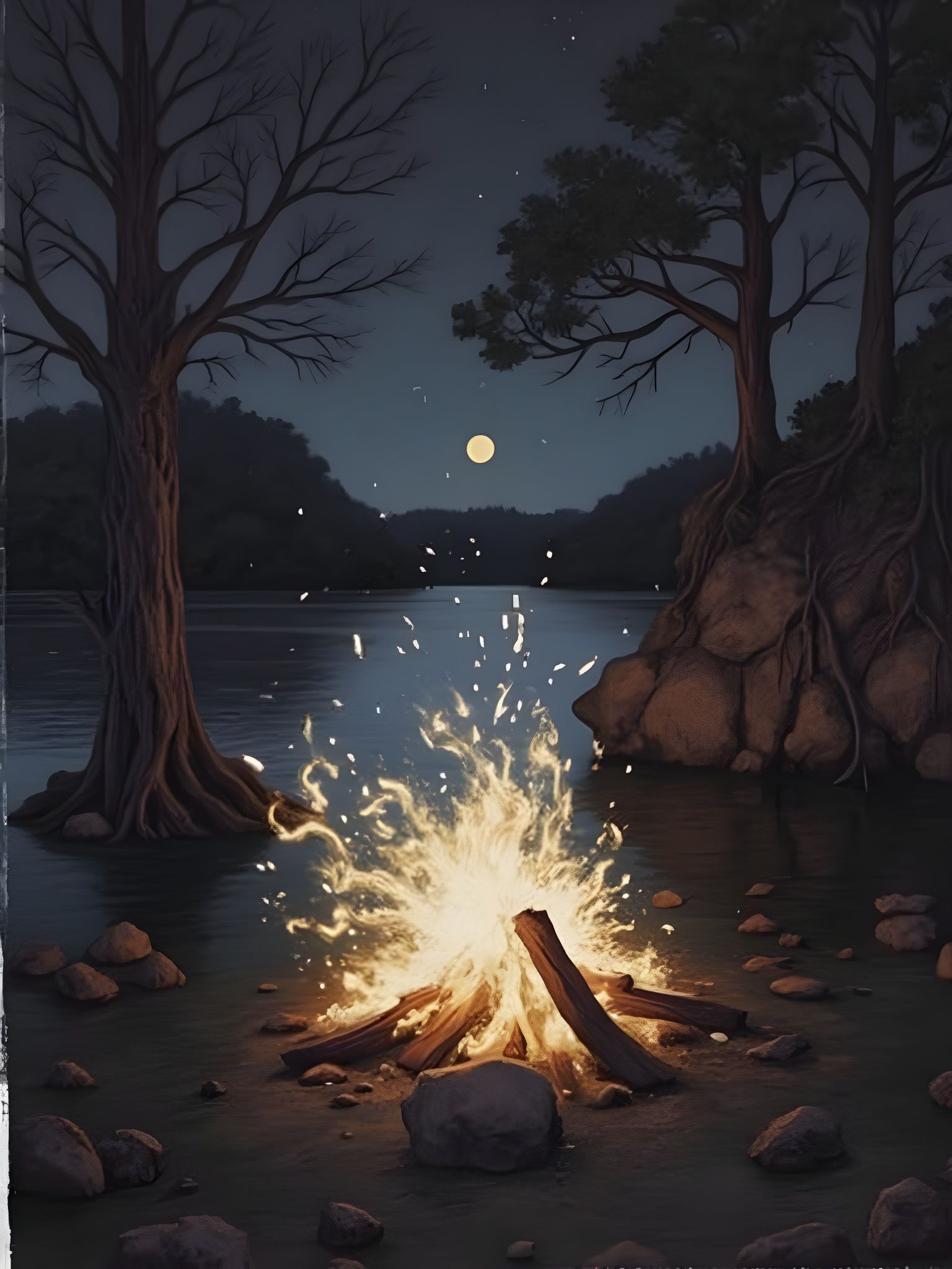Moonlit river scene with campfire