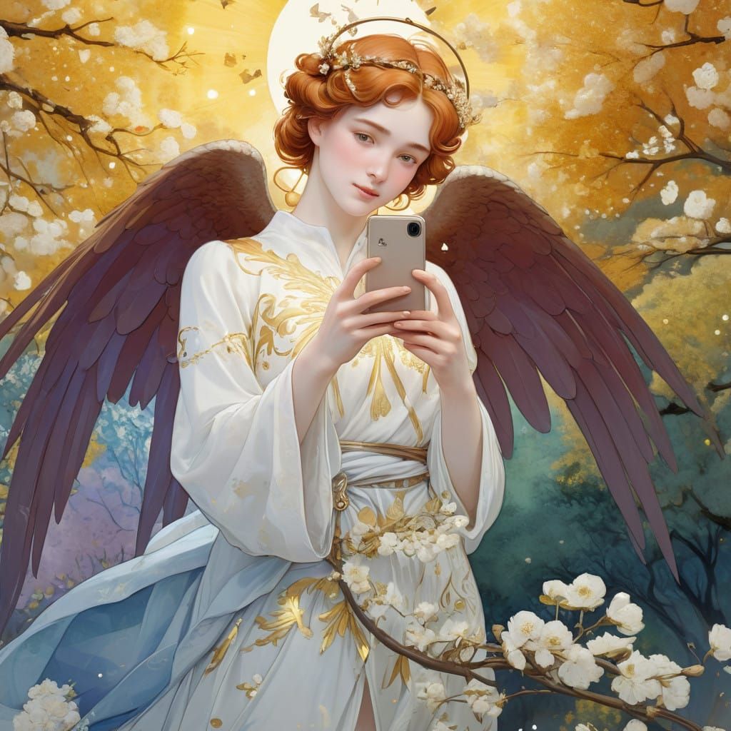 Glowing Angel Takes Selfie in Enchanted Nature