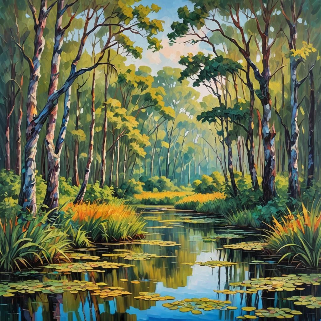 Everglades Oil Painting in Neo-Impressionist Style