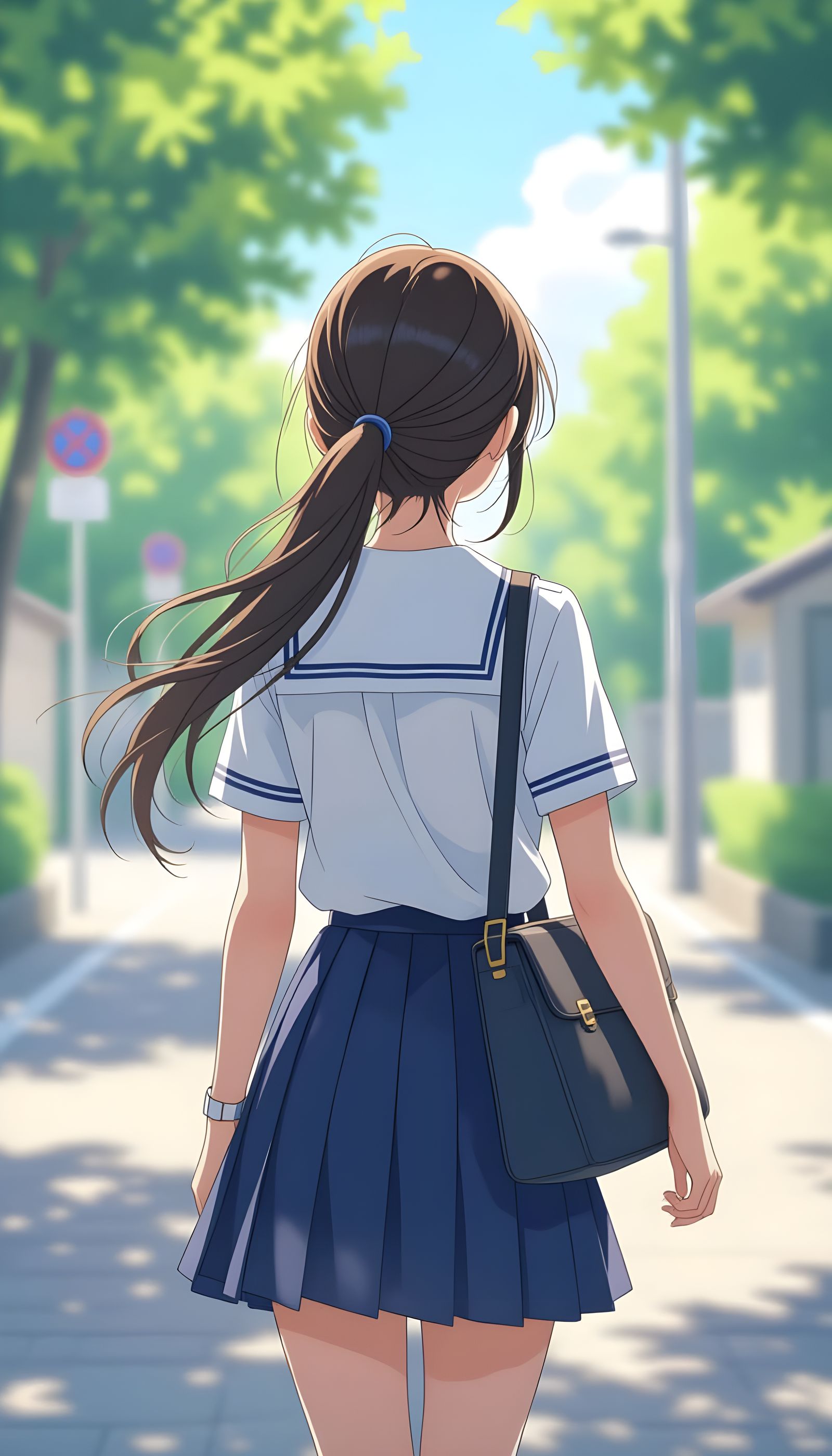 Anime School Girl With Ponytail Walking Away