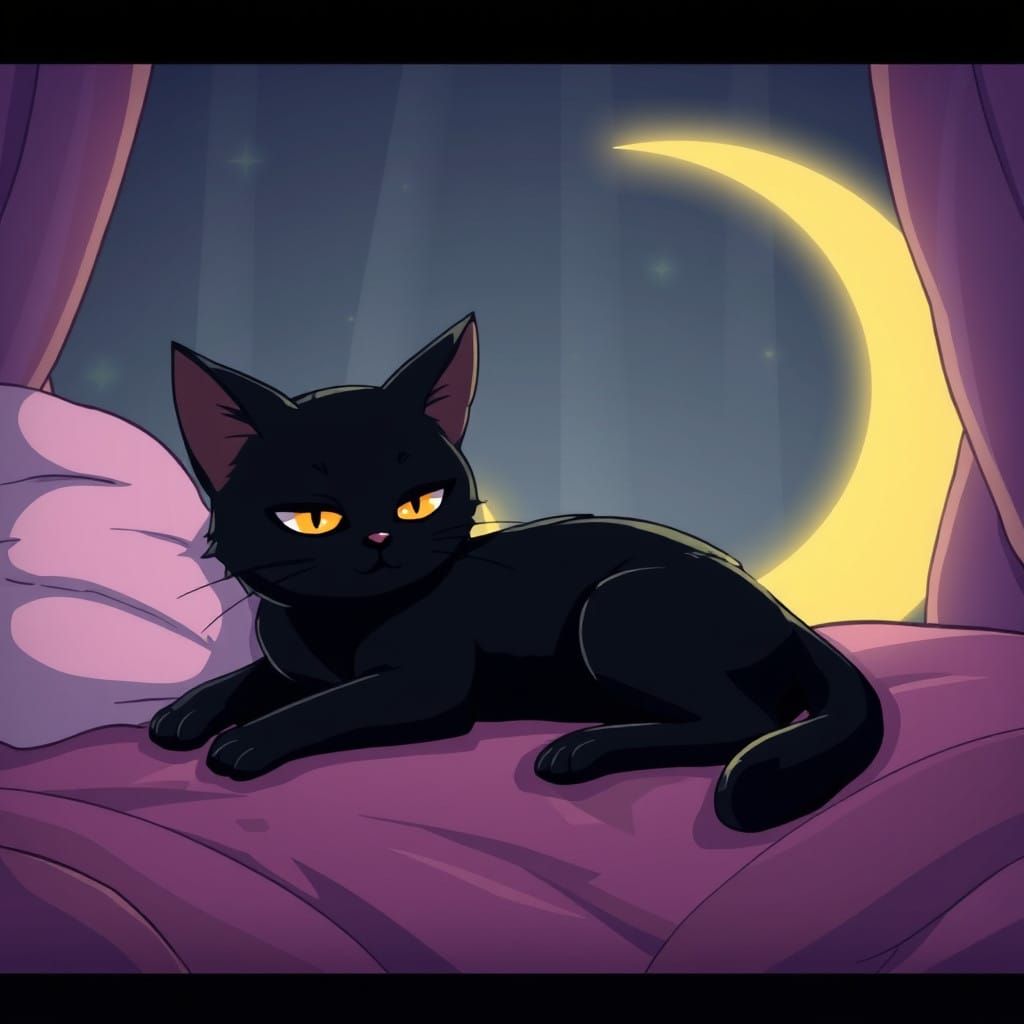 Chibi Anime Cat Lays on a Bed Under a Crescent Moon