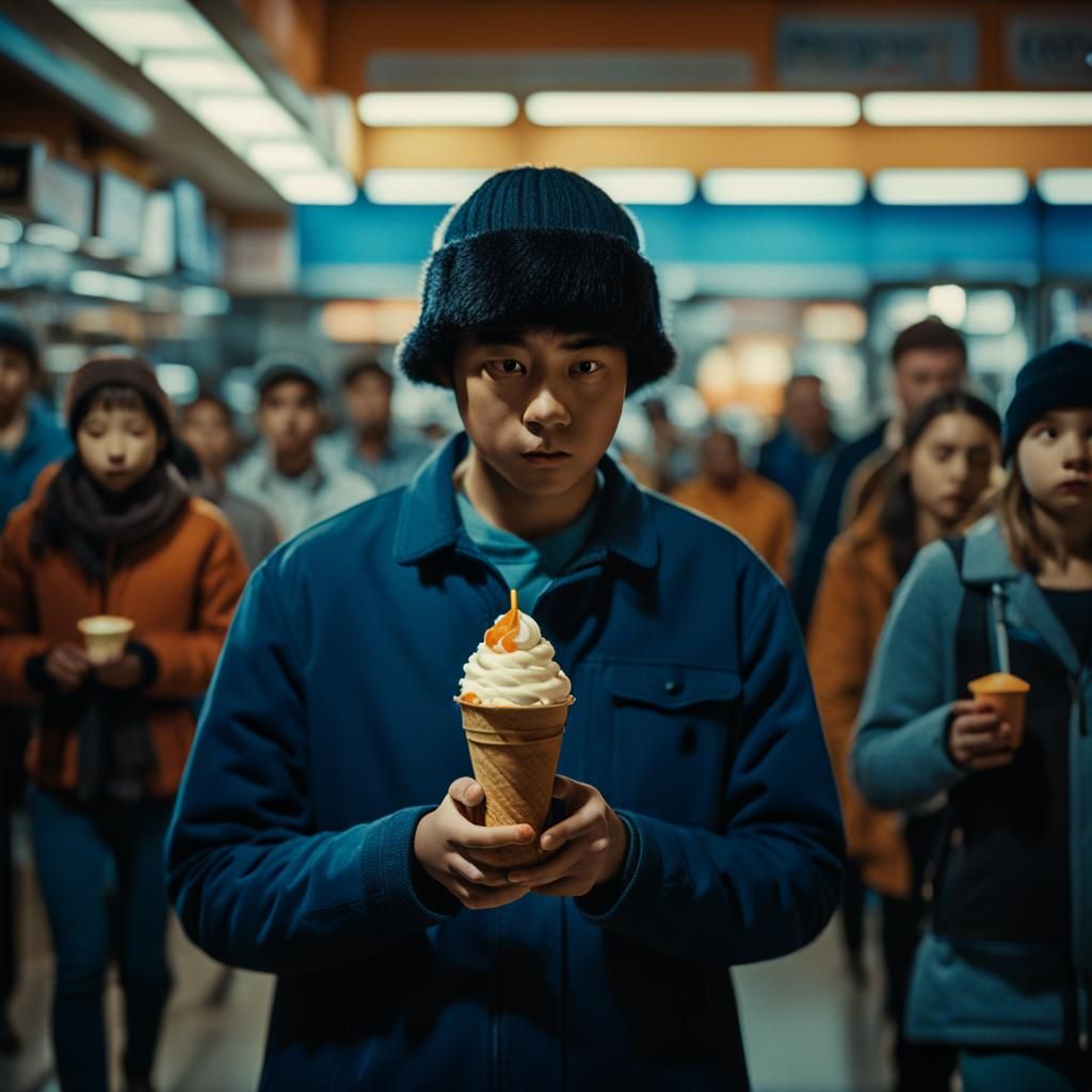 Dramatic Film Still: Dark Yogurt in Crowded Aisle