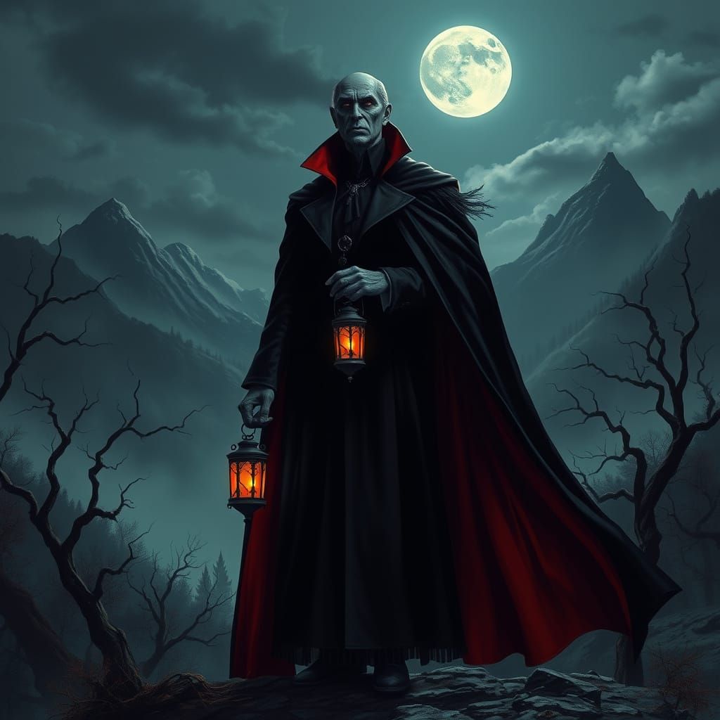 Gothic Count Dracula Amidst Haunting Transylvanian Landscape