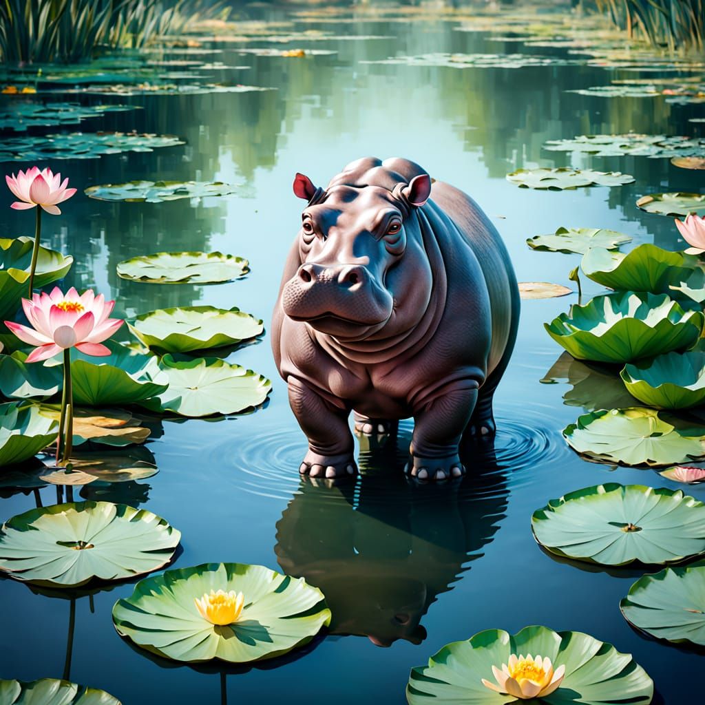 Dreamy Hippo Amidst Lotus Flowers in Serene Pond