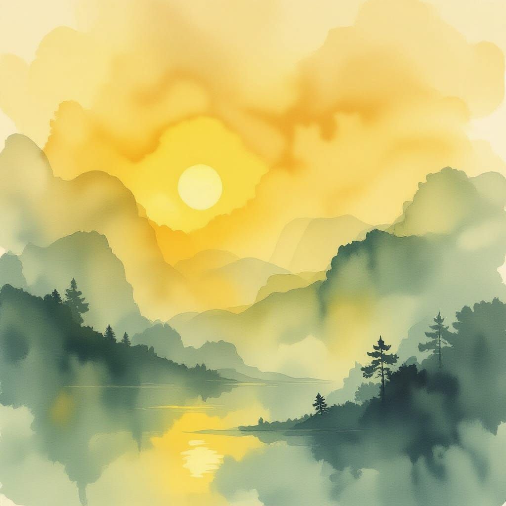 Luminous Yellow Abstract Watercolor Pattern with Misty Gradi...