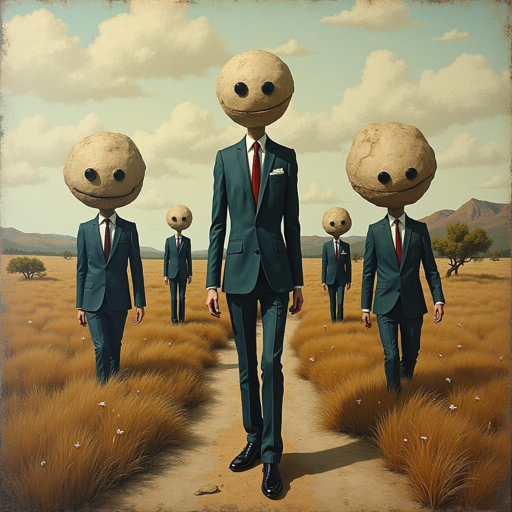 Textured Abstract Googly-Eyed Figures in Wilderness